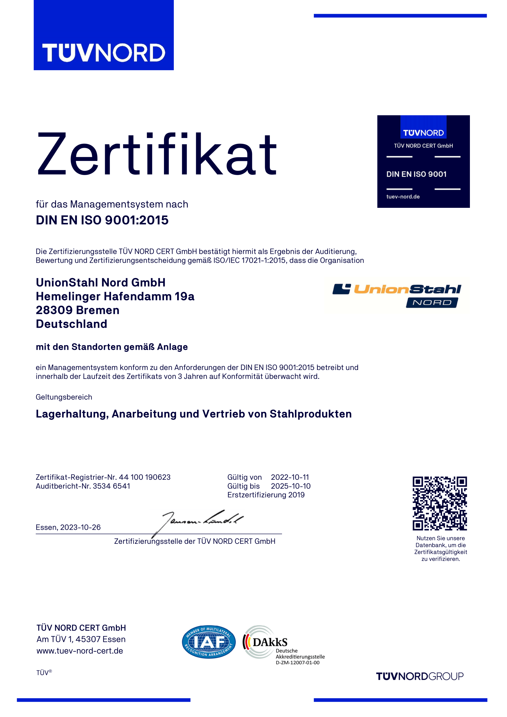 TÜV Zertifikat UnionStahl Nord GmbH ISO