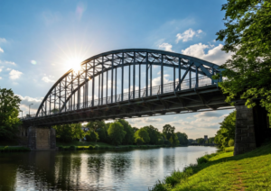 Wetterfeste Stahlbrücke im Sonnenlicht – robuste Konstruktion bei klarem Wetter